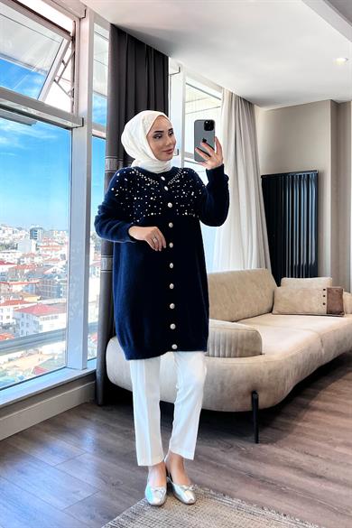Angora Taşlı Hırka Lacivert 