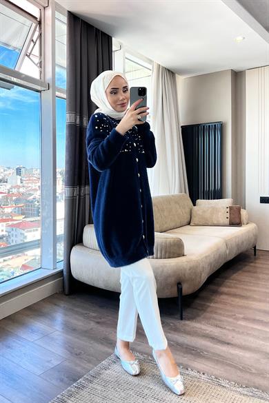 Angora Taşlı Hırka Lacivert 