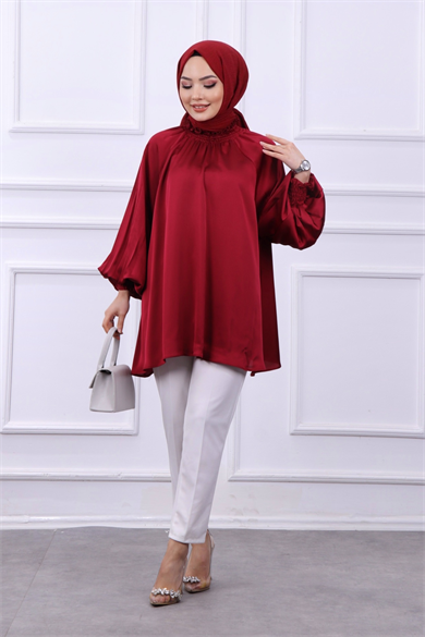 Asimetrik Kesim Saten Tunik  Bordo