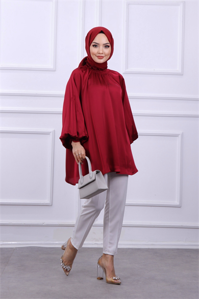 Asimetrik Kesim Saten Tunik  Bordo