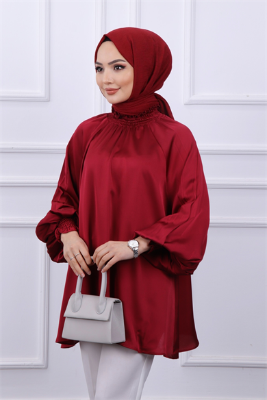 Asimetrik Kesim Saten Tunik  Bordo
