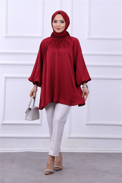 Asimetrik Kesim Saten Tunik  Bordo