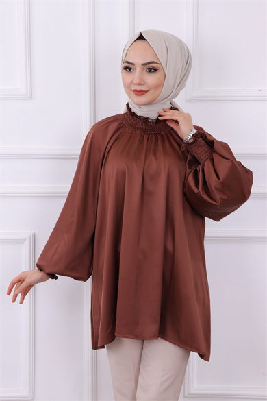 Asimetrik Kesim Saten Tunik Kahverengi