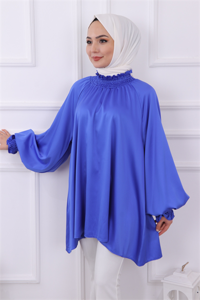 Asimetrik Kesim Saten Tunik Saks