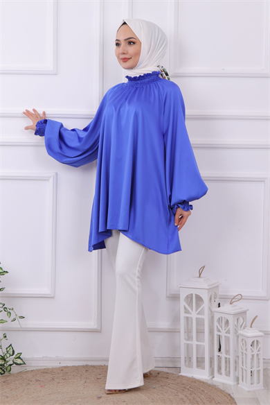Asimetrik Kesim Saten Tunik Saks