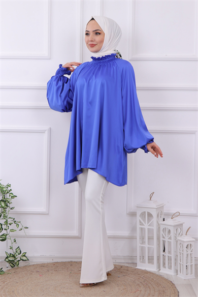 Asimetrik Kesim Saten Tunik Saks