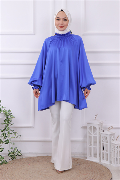 Asimetrik Kesim Saten Tunik Saks