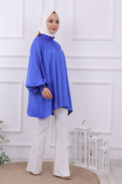 Asimetrik Kesim Saten Tunik Saks