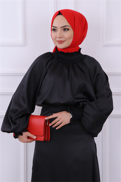 Asimetrik Kesim Saten Tunik Siyah