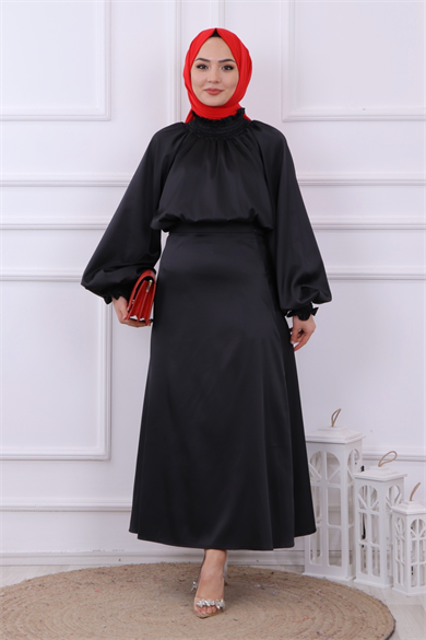Asimetrik Kesim Saten Tunik Siyah