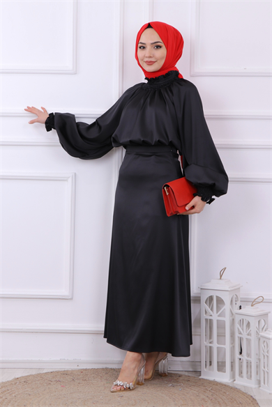Asimetrik Kesim Saten Tunik Siyah