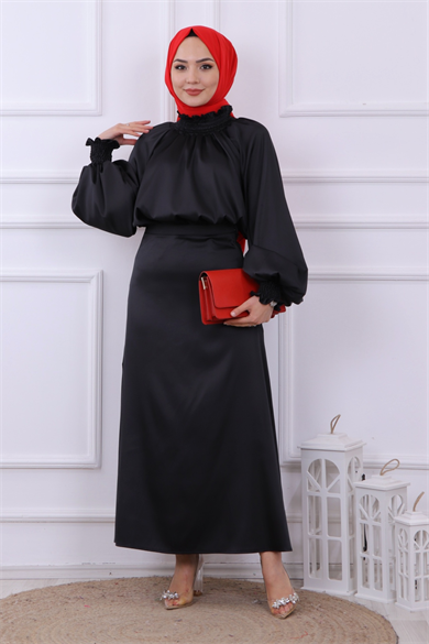 Asimetrik Kesim Saten Tunik Siyah