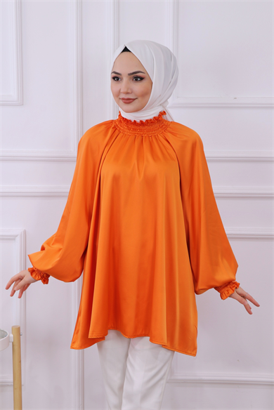 Asimetrik Kesim Saten Tunik Turuncu