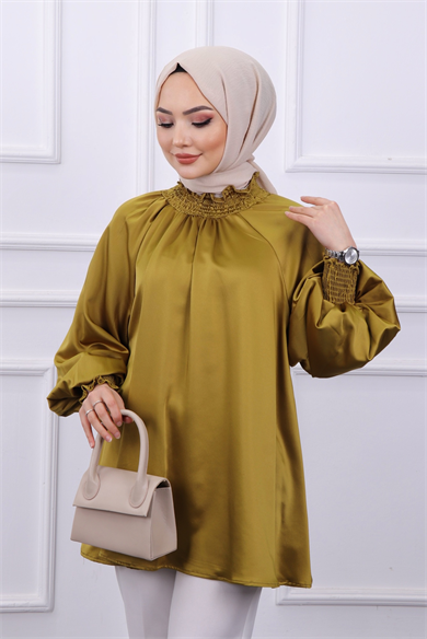 Asimetrik Kesim Saten Tunik Yağ Yeşili