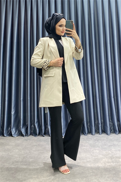 Astarı Leoparlı Ceket Bej