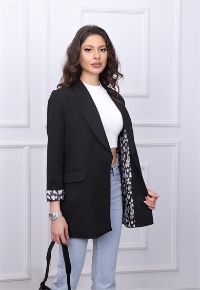 Astarı Leoparlı Ceket Siyah