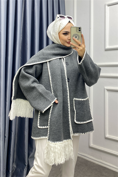 Atkı Detaylı Çelik Örgü Hırka Gri