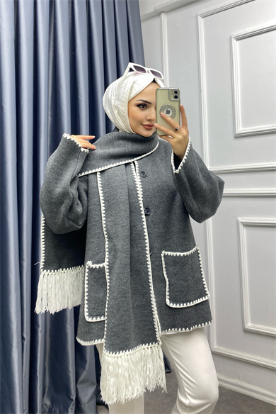 Atkı Detaylı Çelik Örgü Hırka Gri