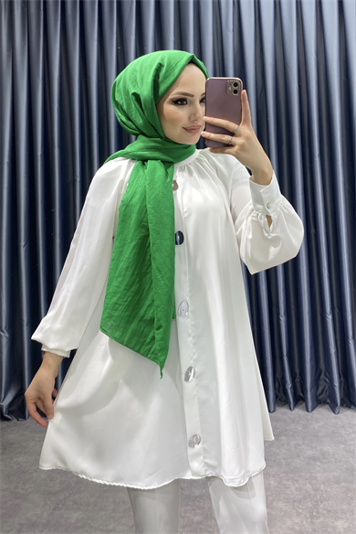 Ayna Düğmeli Saten Tunik Beyaz