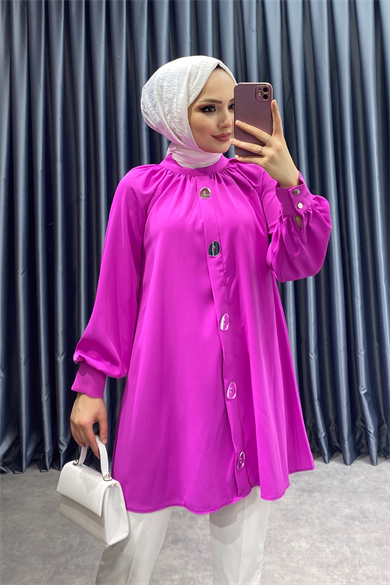 Ayna Düğmeli Saten Tunik Fuşya