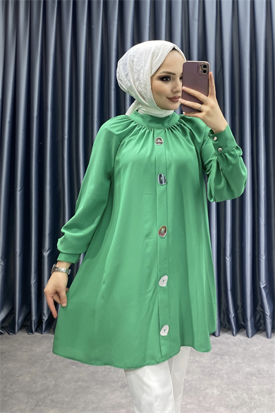 Ayna Düğmeli Saten Tunik Yeşil