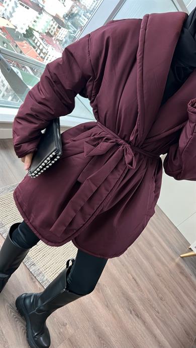Düz Kuşaklı Şişme Mont Bordo