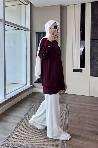 Kolu Düğme Detaylı Sweat Bordo