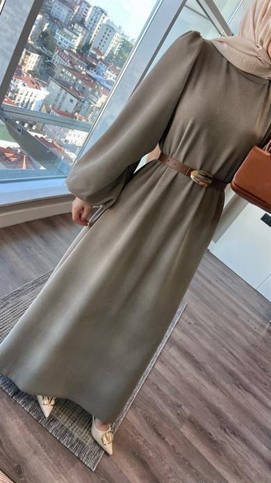 Kemerli Balon Kol Elbise Vizon