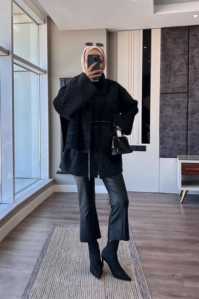 Atkılı Peluş Ceket Siyah