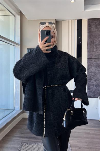 Atkılı Peluş Ceket Siyah