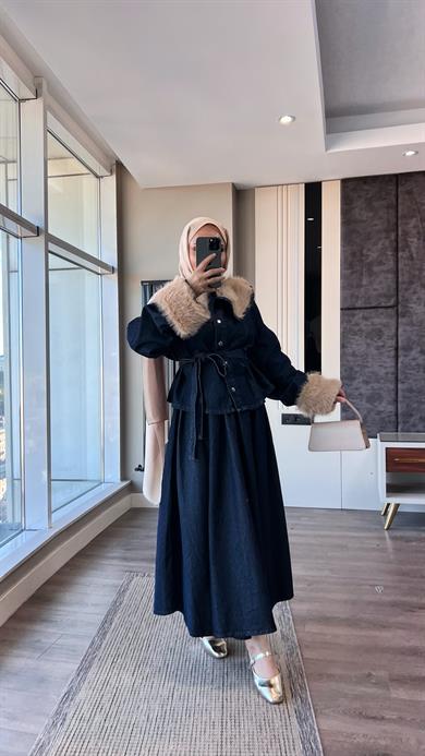 Manşet Kürk Detay Denim Takım Koyu Kot