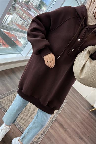 Yakası Çıtçıt Detaylı Sweat Kahverengi