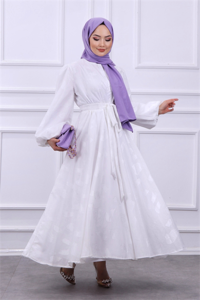Balon Kol Elbise Beyaz