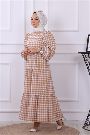 Balon Kol Elbise Camel Beyaz