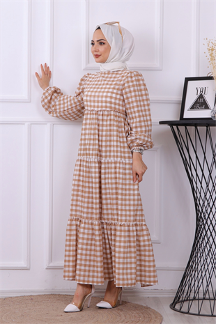 Balon Kol Elbise Camel Beyaz