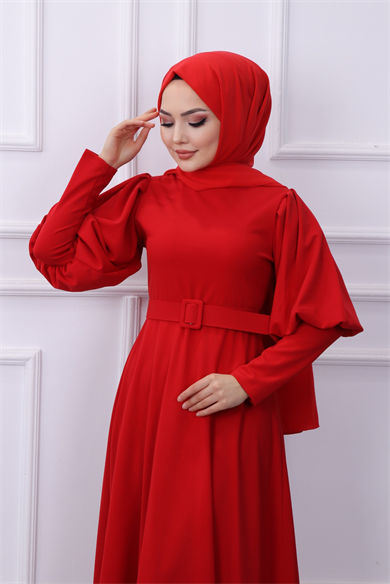 Balon Kol Elbise Kırmızı