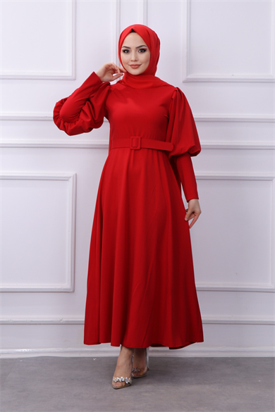 Balon Kol Elbise Kırmızı
