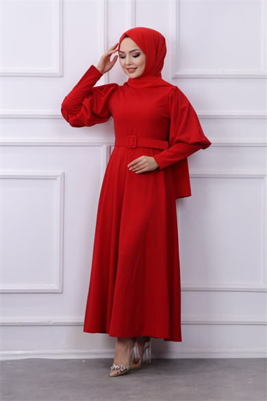 Balon Kol Elbise Kırmızı