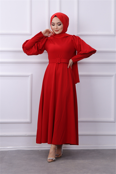 Balon Kol Elbise Kırmızı