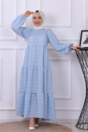 Balon Kol Elbise Mavi Beyaz