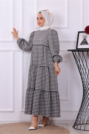 Balon Kol Elbise Siyah Beyaz