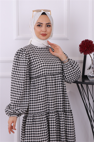 Balon Kol Elbise Siyah Beyaz