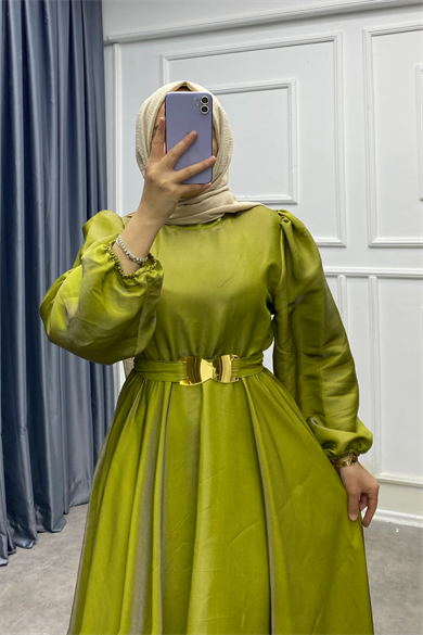 Balon Kol Elbise Yağ Yeşili