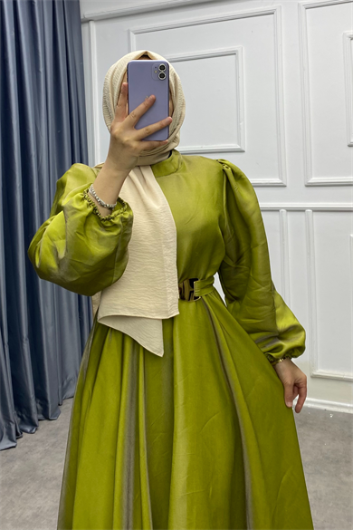 Balon Kol Elbise Yağ Yeşili