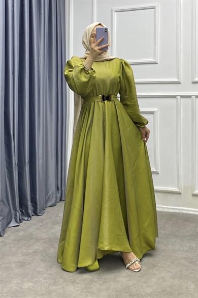 Balon Kol Elbise Yağ Yeşili