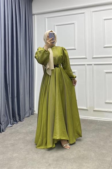 Balon Kol Elbise Yağ Yeşili