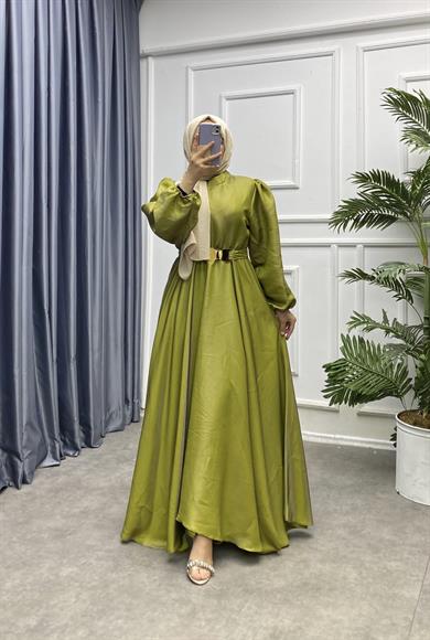 Balon Kol Elbise Yağ Yeşili