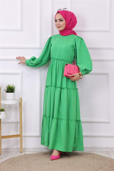 Balon Kol Elbise Yeşil