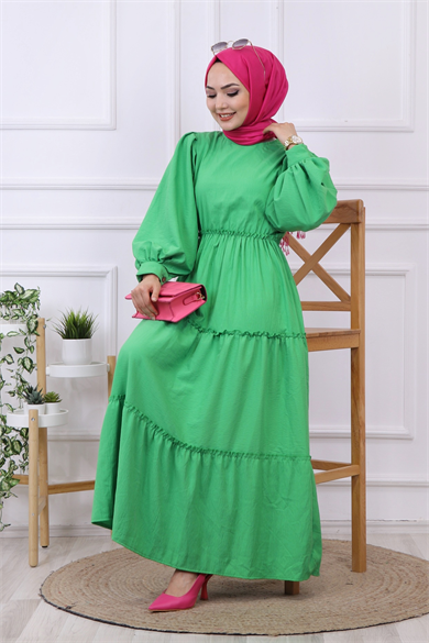 Balon Kol Elbise Yeşil