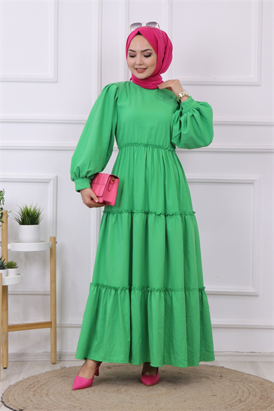Balon Kol Elbise Yeşil